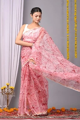 Blusa Sari India Estampada a Mano Algodón Seda Mujeres Boda Fiesta Sari Bollywood Foto 1 de 4