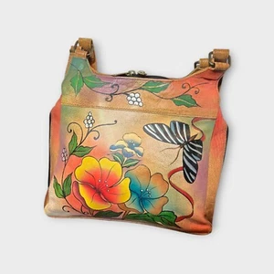 Vintage Anuschka Hand Painted Leather Handbag Women Butterfly Floral Multicolor - Picture 1 of 13