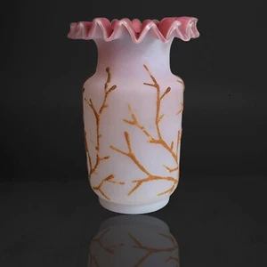 Antique Victorian Pink Coralene Satin Glass Ruffle Vase – Branch Motif - Picture 1 of 9