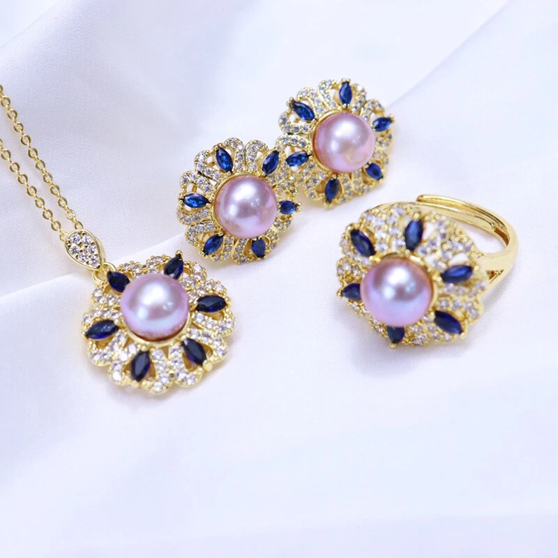 Real Pearl Zircon Crystal Inlay Gold Stud Earrings+Ring+Pendant Necklace Set AAA - Изображение 1 из 4