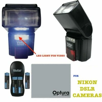 DEDICATED PRO HIGH POWER FLASH +VIDEO LIGHT + BATTERIES FOR NIKON D3500 D5600 - Image 1 of 3