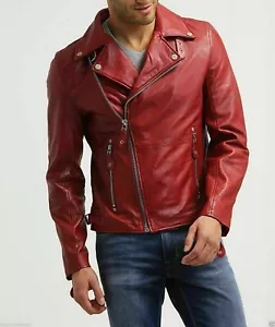 leather jacket Men's Genuine Lambskin Leather Red Motorcycle Jacket Slim - Picture 1 of 4