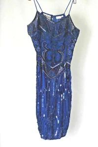 Sweelo Silk Dress Dk Blue Beaded SequinM (8/10) Vintage 80s - Picture 1 of 3