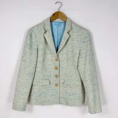 Jaqueta Blazer J. McLaughlin Feminina Tweed Lurex Tamanho 6 Azul Creme Metálico - Imagem 1 de 4
