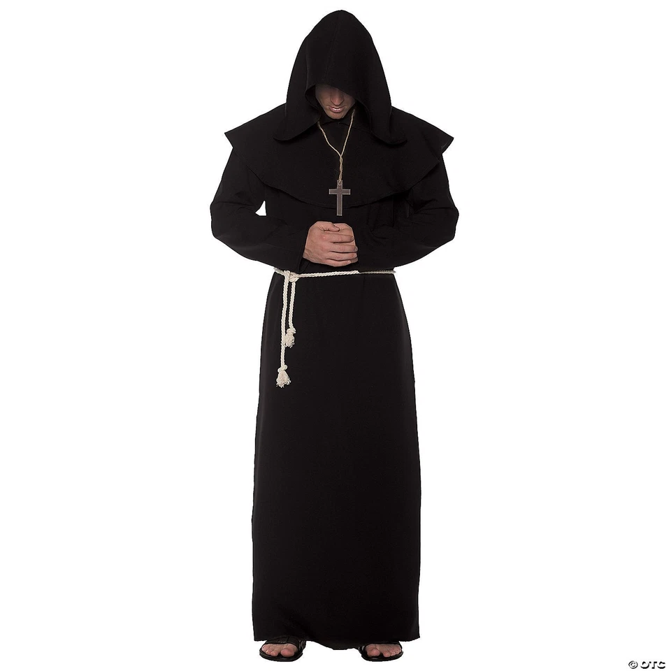 Black Priest Pastor Monk Robe Collar Attached Hood Religious Costume Adult Men