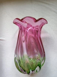 Murano Wassermelone farbige mundgeblasene gewirbelte Glasvase rosa n grün 7,5" x 4,25" - Bild 1 von 10