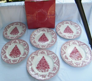 6 platos de cena Johnson Bros Old Britain Castles rosa árbol de Navidad 10,5" NUEVO - Imagen 1 de 6