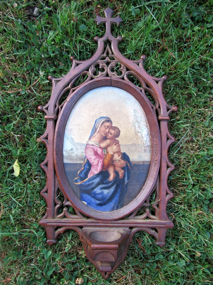 XIX - Grand Bénitier Bois - Peinture Plaque Porcelaine Vierge a l'Enfant Madone - Photo 1/4