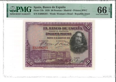@@@@@ Spain 50 pesetas 1928 Pick 75b PMG 66 EPQ UNC @@@@@ - Image 1 of 2
