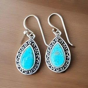 Barse Sterling Silver 925 Scroll Border Teardrop Turquoise Dangle Earrings #5 - Picture 1 of 7