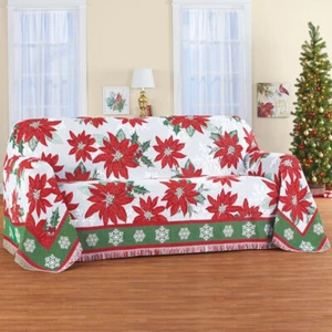 Christmas Red Poinsettia Snowflake Tapestry Fringe SOFA Throw Furniture Cover - Picture 1 of 3
