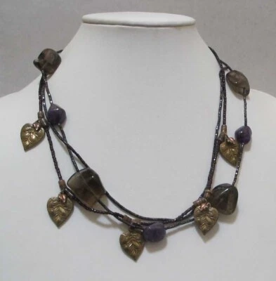 3-Strand Chunky Amethyst Bronze 2-Sided Leaves Seed Beads 20” Necklace - Image 1 of 4