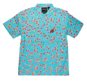 THE HUNDREDS CHERRIES WOVEN BUTTON DOWN SHORTS SLEEVE SHIRT BLUE LARGE - Picture 1 of 4