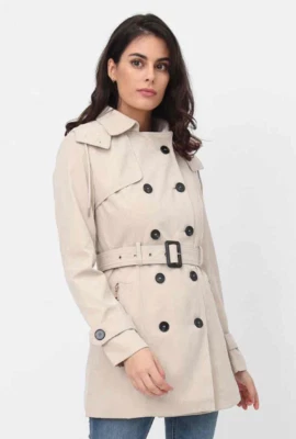 Women Cream Relaxed Fit Hip Length Hood Classic Double Breasted Trench Coat/MAC - Image 1 of 4