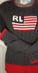 Polo Ralph Lauren USA American Flag Sweater Cable knit Size L Women Red Grey - Picture 1 of 6