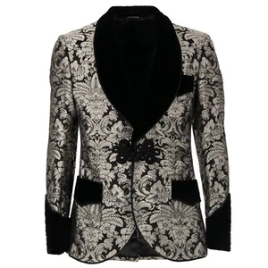 DOLCE & GABBANA Barock Jacquard Samt Tuxedo Blazer Silber Schwarz - Bild 1 von 7