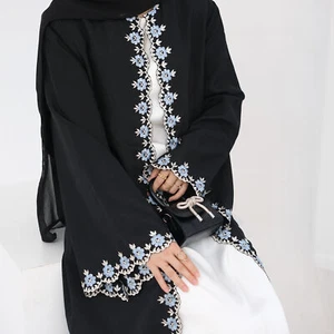 Abito lungo nero aperto caftano Abaya Dubai donna ricamo abito kimono musulmano - Foto 1 di 12