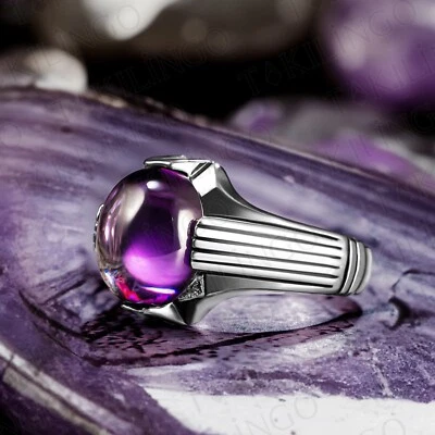 Anillo para hombre con piedra amatista ovalada de plata de ley 925 con piedras preciosas King Foto 1 de 4