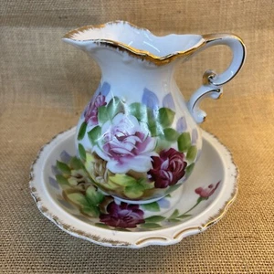 Vintage Small Cottagecore Floral Pitcher & Basin W Gold Trim Enesco - Picture 1 of 4