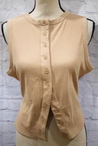 Women's Apricot Ribbed Sleeveless Button Front Tummy Peek Tank Top Size XL - Picture 1 of 2