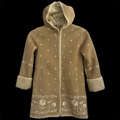 GAP Kids Y2K Faux Suede Coat Small Hooded Boho Floral Embroidered Phoebe Buffay - Image 1 of 4