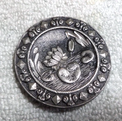Large Vintage Antique Metal Picture Button CATTAILS & LILY PADS - Image 1 of 4