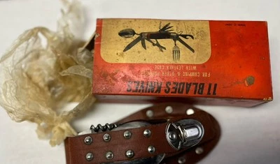 老式 11 刀片野营刀带盒软木螺丝勺叉套日本制造 — 第 1/4 张图片