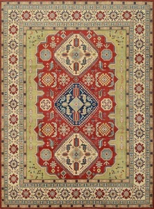 Kazak Rug 9’10” x 13’2” Red Wool Tribal Geometric Hand-Knotted Oriental Carpet - Picture 1 of 15