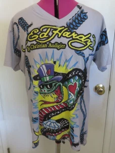 Christian Audigier Don Ed Hardy Snake Diamond Tattoo T-Shirt Men's Size XL Gray - Picture 1 of 12