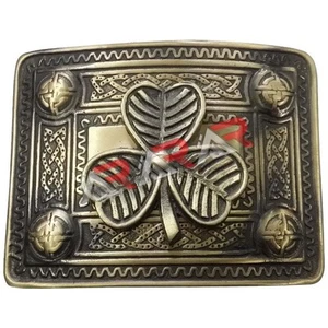 Men’s Kilt Belt Buckle Irish Shamrock Celtic Knot Work AAR Brass Antique Finish  - Picture 1 of 2