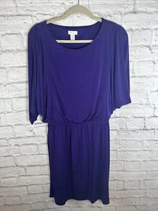 Chicos Blouson Dress Size 2/L/12 Purple Dolman Batwing 3/4 Sleeve Elastic Waist - Picture 1 of 3