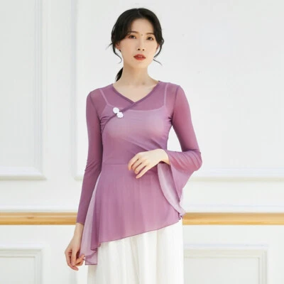 Women Sheer Mesh 3/4 Sleeve Chinese Top Traditional Ethnic Shirt Dance Slim - Image 1 of 4