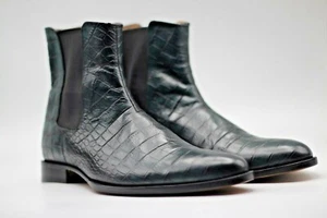 Handmade Men's Genuine Calf Green Shaded Leather Crocodile Print Chelsea Boots - Picture 1 of 5