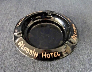 Vintage Aladdin Hotel Las Vegas Gold Print Black Glass Souvenir Ashtray - Picture 1 of 3