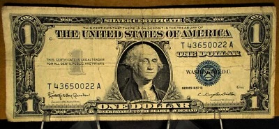 1957 B BLUE SEAL ONE DOLLAR BILL ($1.00) SILVER CERTIFICATE U.S. NOTE M0054 - Image 1 of 3
