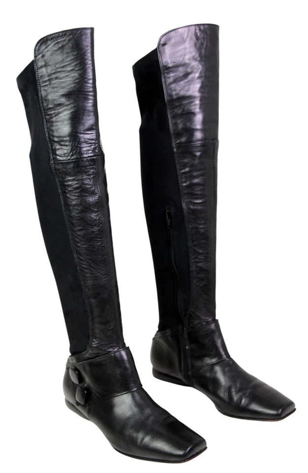 Manas Lea Foscati BOTAS DE MONTAR ALTAS NEGRAS DE CUERO REAL GAMUZA ZAPATOS Talla 39 Foto 1 de 4