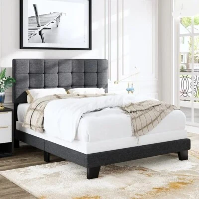 Allewie Full Size Gray Panel Bed Frame with Adjustable High Headboard Foto 1 de 4
