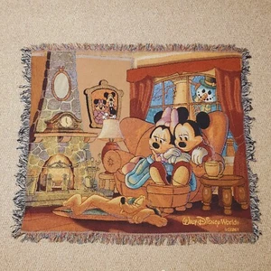 VTG Walt Disney World Mickey Mouse Minnie Pluto Snowman Tapestry Throw Blanket - Picture 1 of 12