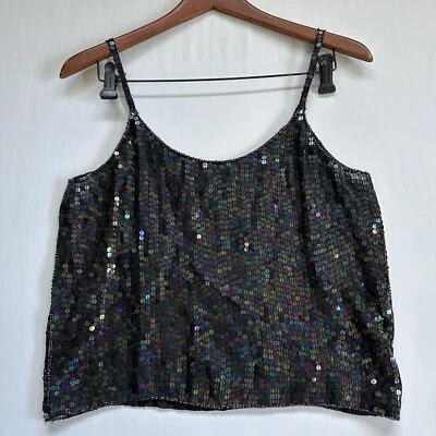 De Colección Encuadernado con Hechizos 100% Seda Lentejuelas Cuentas Espagueti Correa Negra Top Talla Mediana Foto 1 de 4