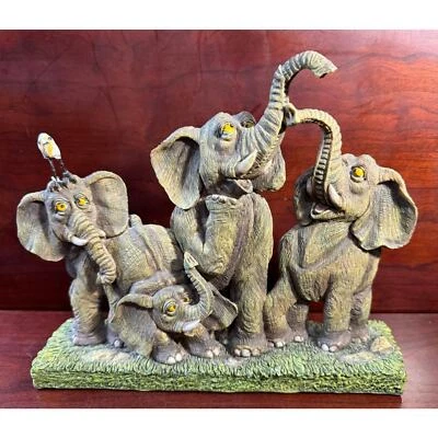 4 Playful Gray Elephants Cold Cast Poly Resin Figurine On Stone & Grass Base - Image 1 of 4