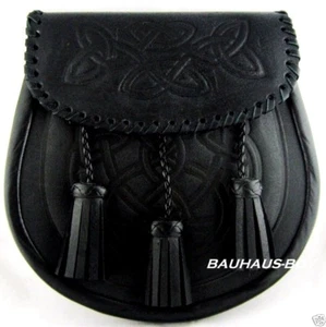 KILT SPORRAN GEPRÄGTES SCHWARZES LEDER KELTISCHE KNOTENARBEIT 3 QUASTEN SCHOTTISCHE HERRENMODE - Bild 1 von 3