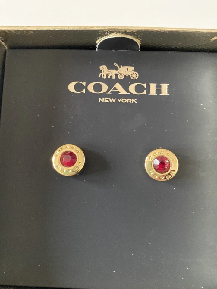 COACH Boxed 54516 Open Circle Stone Stud Earrings Gold Tone Red Great Gift