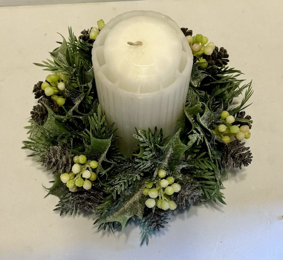 VTG 8” Candle Ring Wreath With Faux Pinecones, Holly, & Evergreen Accents - Image 1 of 4