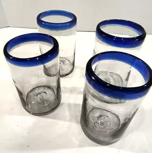 Mexican Cobalt Blue trim Water Tumblers glass (set of 4) 4 3/4" tall VGC - Picture 1 of 6