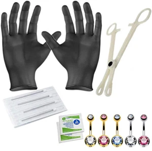 Professional Belly Button Piercing Kit Steel and Gold Anodized 14G Set 13 Pcs - Picture 1 of 6