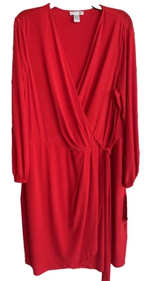NWT London Times Fiesta Red Long Sleeve Side Ttie Stretch Surplice Dress 2X - Image 1 of 4