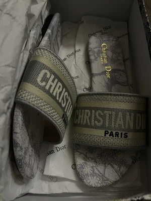 Dior W Size 37/ 7 Dway Slide Gray Embroidered Cotton and Toile de Jouy Motif - Image 1 of 2