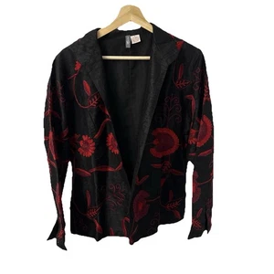 Anu Jacket Womens L Silk Embroidered Floral Open Lagenlook Artsy Red Black - Picture 1 of 10