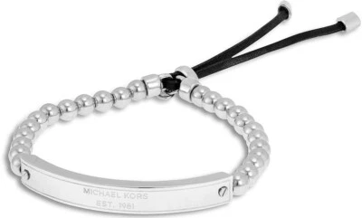 MICHAEL KORS SILVER TONE PLAQUE BEAD STRETCH,CHARM,BLACK CORD,BRACELET MKJ3344 - Image 1 of 3