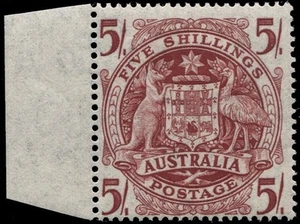 AUSTRALIA • 1951 • 5/- Arms on THIN PAPER • MLH - Picture 1 of 1
